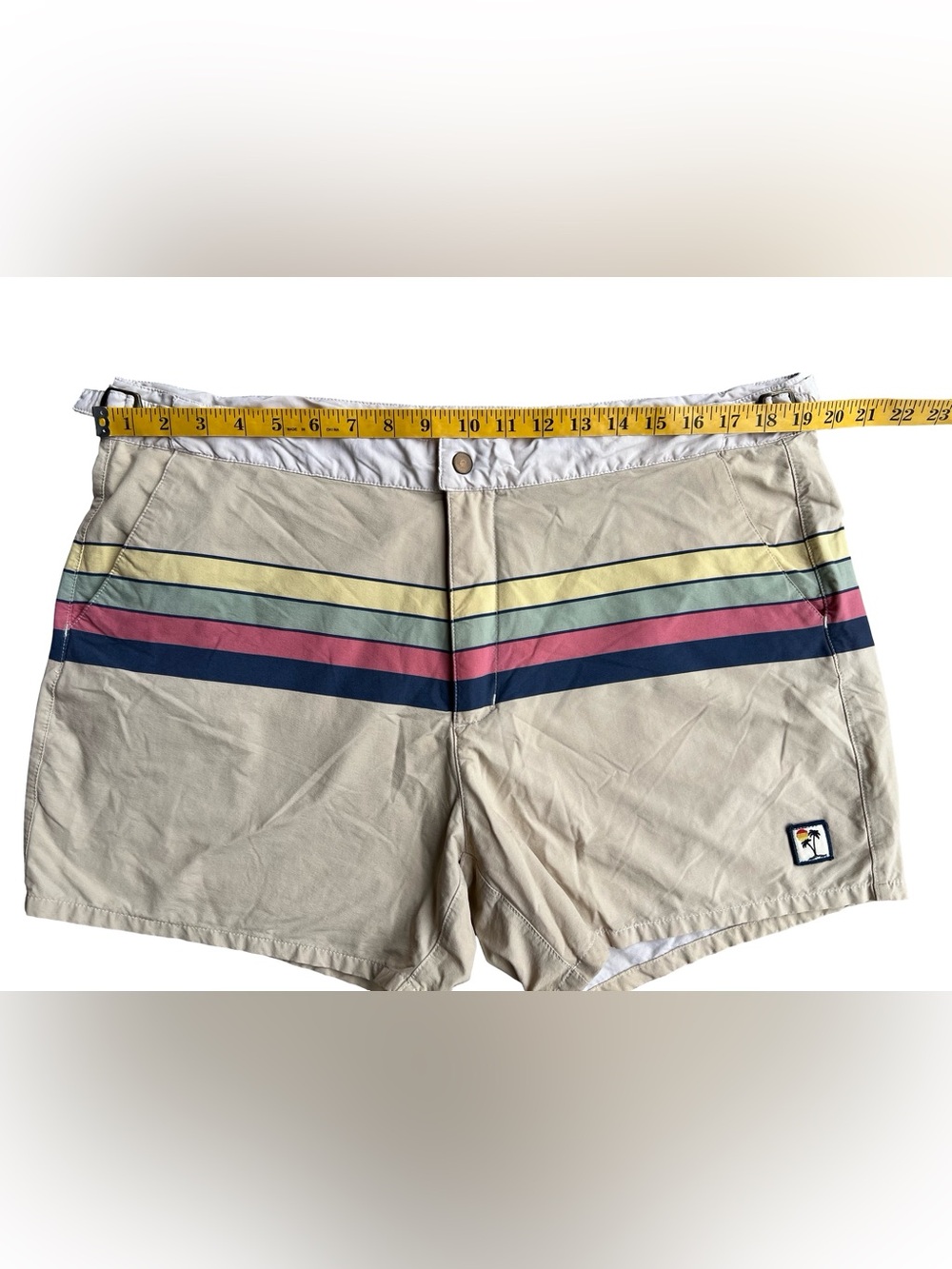 MARINE LAYER 5” Swim Trunks Board Beach Shorts 34 Khaki Multi-Stripe Retro Surf - Picture 9 of 11